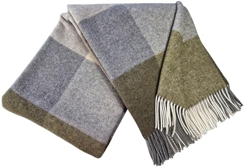 STTS International Cashmere - Coperta lana, coperta in 100% lana merino e cashmere, misto, 140 x 200 cm, molto morbida, plaid, colore kaki (quadrato)