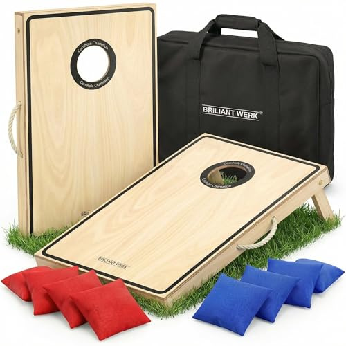 Briliantwerk® Cornhole Spiel Outdoor – Hochwertiges 11-teiliges Echtholz Wurfspiel | Sackloch Spiel für Erwachsene & Kinder | Bean Bag Game für Draußen (lackiert)