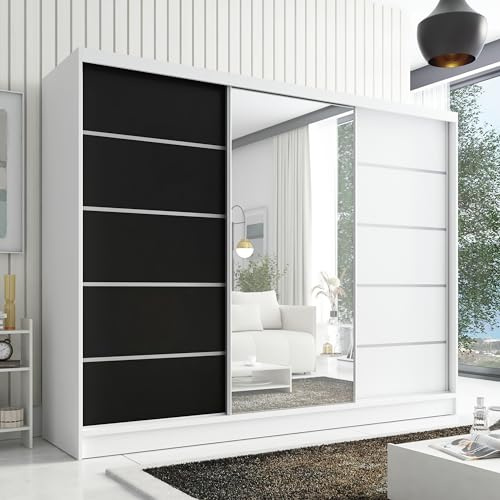 A&J MöbelLand Kleiderschrank Aurelia 1 – Schwebetürenschrank 200 cm breit mit Spiegel, 3-türig, Kleiderschrank mit Schubladen, Schiebetürenschrank für Schlafzimmer oder Garderobe