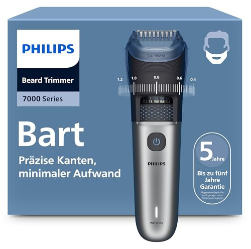 Regolabarba Philips serie 7000 - Lame in metallo autoaffilanti, 40 impostazioni di lunghezza, tecnologia BeardSense, raccoglitore per peli, 100% impermeabile, rifinitore ampio, modello BT7670/15