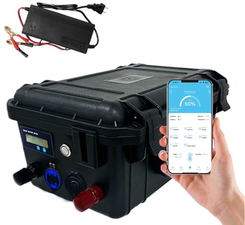 SaiJiaoYang lifepo4 12V 100Ah mit Bluetooth und Ladegerät, Marine Batterie 100A Intelligente BMS 6000+ Zyklen Akku für Trolling-Motoren, Marine, Boote,Camping