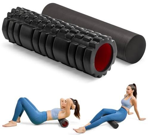 Krightlink 5-in-1 Foam Roller Set, Massage Roller Stick, Massage Ball, Resistance Band for Deep Muscle Massage, Trigger Point Release, Pilates, Yoga (Black-18(2 in 1))