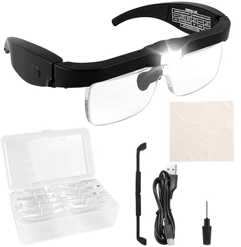 Magnifying Glasses with 4 LED Lights, Headband Magnifier with 5 Detachable Lenses 0.75X, 1.25X, 2X, 3X, 4X-Rechargeable Hands Free Lighted Head Magnifier Glass for Crafts, Cross Stitch, Hobby