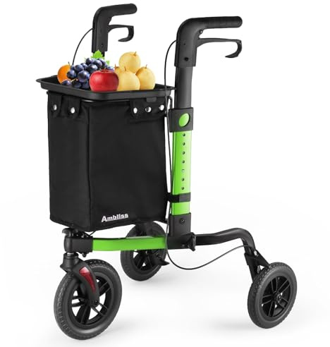 Ambliss 3-Wheels Rollator Walkers for Seniors, 10 Front Wheels All Terrain Lightweight Walkers with Large Basket and Tray, 300lb Weight Capacity Height Adjustable Foldable Walker (Green)
