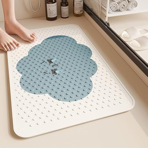 Alfombra Ducha 60X90Cm Nubes Azules Alfombrilla De Baño Antideslizante Rectangular,Tapete Grande De PVC con Ventosas, Ideal para Ancianos, Adultos, Infantil Y Niños