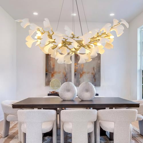 PIOUTNF Kronleuchter Modern Gold, Hängelampe Wohnzimmer, Esstisch Pendelleuchte, 10 Flammige Keramik Ginkgoblatt Esszimmerlampe für Wohnzimmer, Foyer, Küche, Schlafzimmer