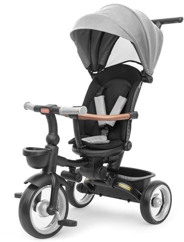 Baby Tricycle,7 in 1 Foldable Trike for Kids age 10M+ to 5 Years,Headlights.1-Step Brake Folding Pedal, Extended Canopy, Detachable Guardrail (618, Gray-Black)