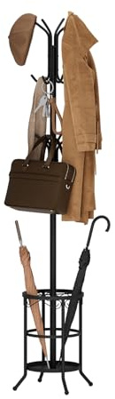 AUGOHCMIL Coat Rack Freestanding with Umbrella Holder – Metal Hanger Stand, Hall Tree with 12 Hooks, Entryway Organizer for Hats, Bags, and Clothes (Black)