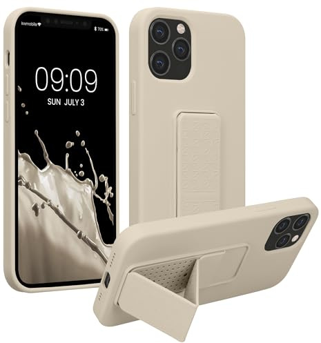 kwmobile Case for Apple iPhone 12 / iPhone 12 Pro Case - Soft TPU Cover with Silicone Coating - With Hand Strap and Stand Function - Shockproof - Cream