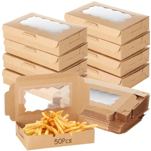 YOFAPA 50 Pcs Kraft Food Boxes, Take Out Food Containers, Disposable Kraft Brown Paper Lunch Boxes with Clear Windows, Catering To Go Pastry Box, Lunch Meal Box for Picnic, Party