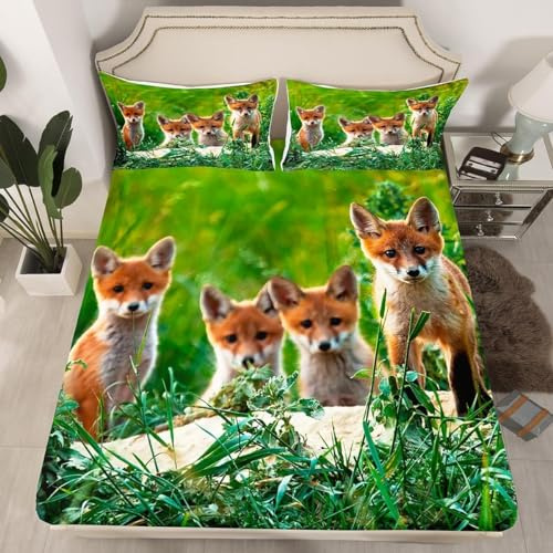 Fuchs Spannbettlaken 90x200cm Kinder Niedliche Tiere Bettlaken 3D Spannbetttuch 90x200 Spannbetttücher Topper 30 cm Höhe Weiche Mikrofaser mit 2 Kissenbezügen a.7387