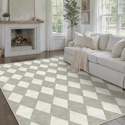 PureCozy Alfombra Gris 200x300cm Salón a Cuadros Lavable Grande Pelo Corto Antideslizante Suave Bohemio Vintage Alfombra para Dormitorio Cocina Comedor Salón Oficina Carpet