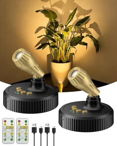 Floarligso LED Spotlights Indoor with Remote | 6500mAh Rechargeable Battery Wireless Plant Light Indoor - Uplights with Timer & Remote Dimmable - Easy Install for Home Decor, Artwork, Plants (2 Pack)