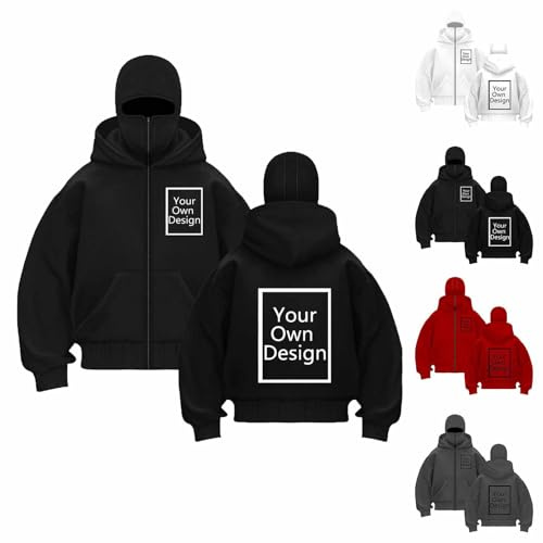 Générique Veste Cagoule Personnalisable pour Hommes Femmes Sweat à Capuche Balaclava Pull Zip Hoodie Moto Masque Anti-Vent pour Sports de Plein Air Vélo Manteau Automne et Hiver Jackets Zippé Noir L