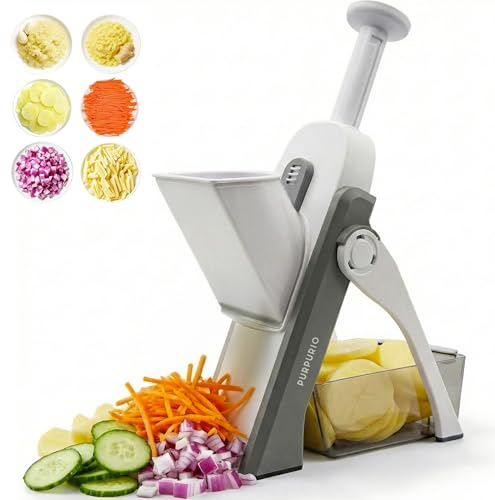 PURPURIO Katana Pro 10 en 1™ – Mandolina de Cocina – Cortador de Verdura Vertical Multifuncional con cuchillas de acero inoxidable – Picadora Manual con Contenedor