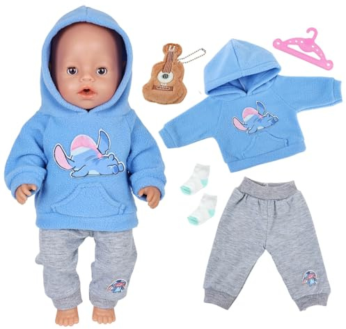 Baby Doll Clothes for 14-17 Inch Dolls, Blue Cartoon Outfits for 35-43 cm NewBorn Baby Doll, Blue Hoodie Gray Trousers Guitar Toy Socks Hanger, Doll Clothes Christmas Birthday Gift for Girls Kid