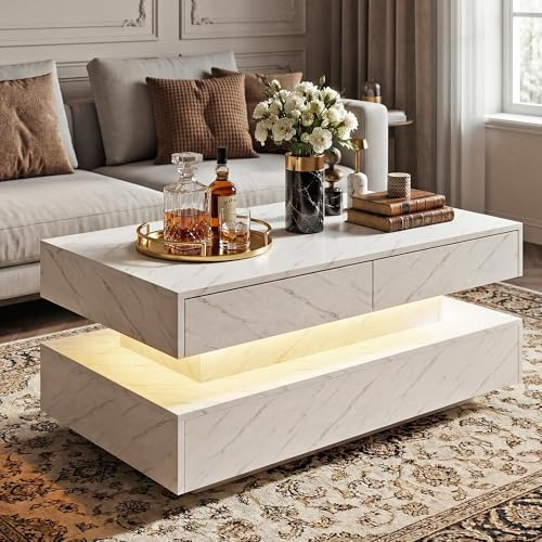 Manora Marmor Couchtisch Weiß mit LED und Schubladen,Wohnzimmertisch Weiss Marmor-Optik, Moderner Design Sofatisch,Beistelltisch, Wohnzimmer Möbel