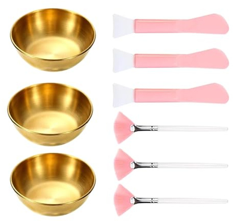 FashionCha Juego de cuencos para mezclar mascarillas faciales de acero inoxidable, kit de brochas para mascarillas faciales, Oro