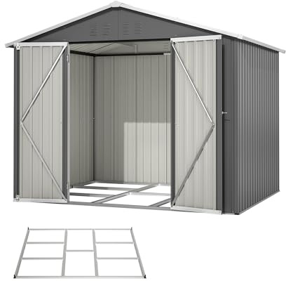 DRIXNO Metall-Geräteschuppen, Metall-Tool-Shed mit Klapptür 229.4x180x191 cm, Gartenhaus Metall für Garten, Terrasse, Hinterhof, Ideal für Gartengeräte und Werkzeugaufbewahrung, Grau