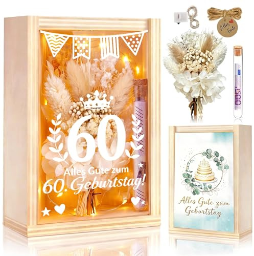 60 Geburtstag Geldgeschenk für Frauen Männer,Geldgeschenke Verpackung Inklusive Trockenblumen,Holzbox,Reagenzglas,Lichterketten,Karte für 60. Geburtstag,Geburtstagsgeschenk für Frau Mann
