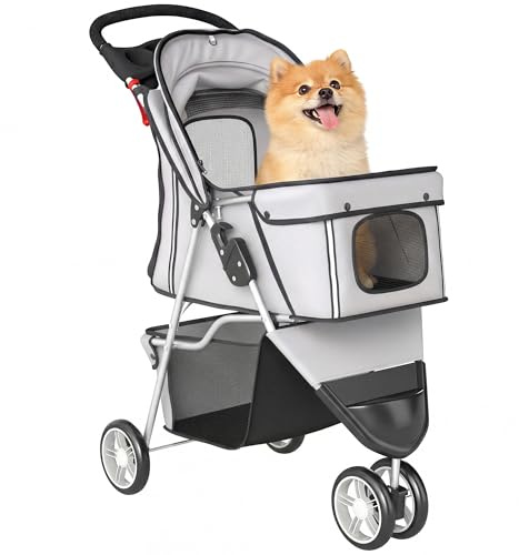PawHut Passeggino per Cani Piccoli Pieghevole, Carrozzina per Cani con Ruote con Freni, Portabicchieri, Cestino Portaoggetti e Imbottitura Rimovibile e Lavabile, per Animali fino 10 kg, Grigio