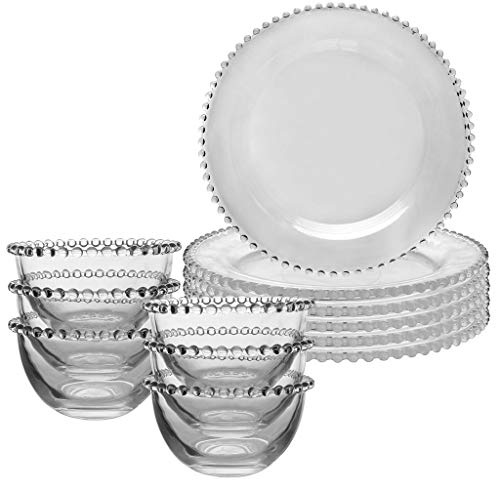 12 Piece Crockery Set for 6 Glass Plates & Bowls Dining Tableware | Hand Wash Only, Beaded Edge, Glass Crockery