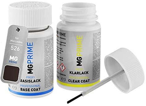 MG PRIME Autolack Lackstift für Mercedes 526/8526 Dolomitbraun Metal. +1K | Dolomite Brown Metallic / Dolomitbraun Metallic, Set aus Basislack + Klarlack, Lackfläschchen mit Pinsel, je 50ml