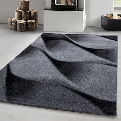 Carpetsale24 Teppich Wohnzimmer 120x170 cm Schwarz Modern Abstraktes Wellen Design Kurzflor Schlafzimmer Esszimmer Küche Jugendzimmer Waschbar Pflegeleicht Extra Weich