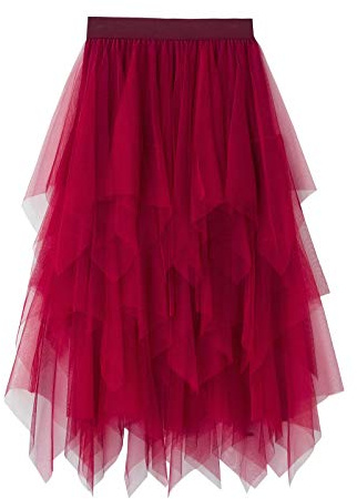 Carolilly Tutu Tüllrock Damen Rock Knielang Petticoat A Linie Rock Damen Ballettrock High Waist Unterrock für Frauen (Rot C, Einheitsgröße)