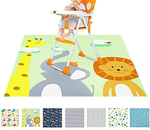 FANSU Hochstuhl Bodenmatte Wasserdicht rutschfest, Karikatur Hochstuhl Spritzmatte Waschbar Spill Mat Spielmatte/Krabbelmatte/Campingmatte für Baby Kinder Fütterung, 130x130cm (grüne Tiere)