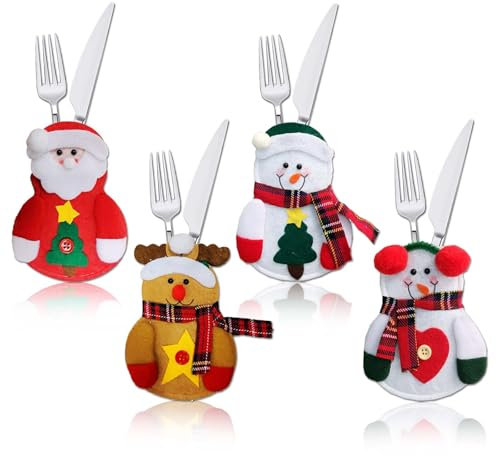 4 Stück Besteckhalter Weihnachten Filz, Weihnachten Bestecktasche, Süße Bestecktasche Weihnachts-Tischdekorationen, Festliche Party-Bestecktaschen, vliesstoffen