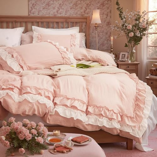 Sedefen Bettwäsche 200x200cm Rosa Weiß Doppellagige Rüschen Bettwäsche Set Romantisch Mädchen Weich Mikrofaser Öko-Tex Bettbezug mit Reißverschluss und 2 Kissenbezug 80x80cm