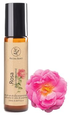 AROMA BANO Damascenerros Eterisk Olja Roll-On 10ml med Jojobaolja – 100% Naturlig & Färdig att Använda – För Aromaterapi, Hudvård, Ansikte & Kropp – Blommig Rosdoft