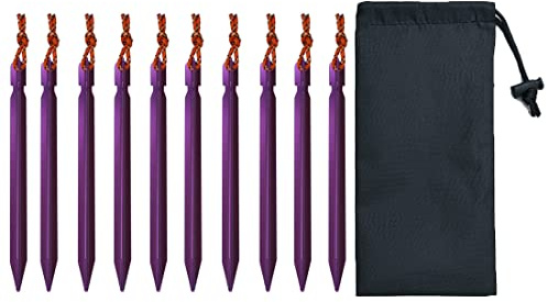 10-Pack Aluminum Tent Stakes Pegs, Heavy Duty Camping Stakes with Reflective Pull Ropes & Storage Bag Camping Accessories for Canopy Tents Hammocks (Purple)
