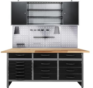 Ondis24 Werkstatteinrichtung 160cm, Werkstatt - Werkbank, Hängeschrank, Euro - Lochwand mit Haken mit LED