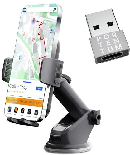 PORTENTUM Soporte Movil Coche + Adaptador USB C a USB A, Soporte Universal para Parabrisas y Salpicadero con Ventosa de Gel Fuerte y Brazo Ajustable con Giro 360 Grado para Cualquier teléfono