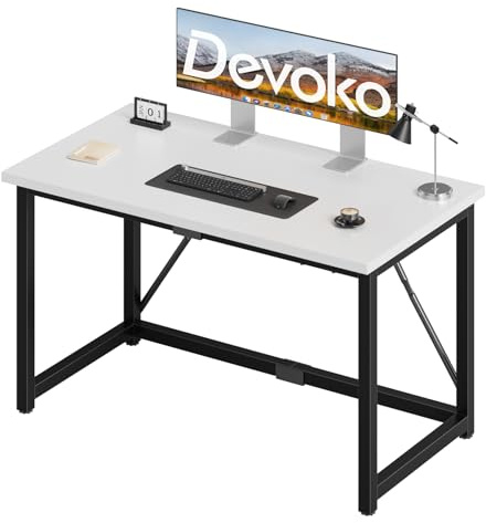 Devoko Schreibtisch 120x60x75 cm | Kleiner Computertisch mit verstellbaren Füßen & Haken | 60 kg Tragkraft, wasserfest | Für helles Homeoffice & Studio | Weiß