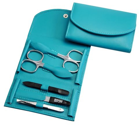 Hans Kniebes Maniküre Set 5-teilig Türkis – Nagelpflege Set Edelstahl rostfrei – Nagelschere, Hautschere, Feile, Pinzette & Schieber – Echtes Nappa Leder Etui – Profi Manikürbesteck Damen & Herren