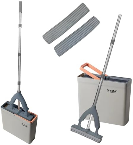 AMOS Self-Cleaning Sponge Mop and Bucket Set with 3X Super High Absorption Sponge Heads, Adjustable Height Suitable for All Hard Floors Lightweight with Carry Handle