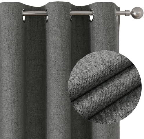 Joydeco 100% Grey Blackout Curtains Bedroom 90 Inch Drop, Faux Linen Soft Textured Thermal Insulated Eyelet Curtains with Coating Back Layer for Light Blocking Noise Reducing, W66 x L90-2 Panels