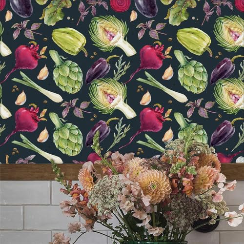 Selbstklebende Tapete Grün Lila Gemüse Strukturtapete Wandtattoo Schlafzimmer Tapete Selbstklebend Vliestapete Wallpaper for Living Room Tapeten Leicht zu Entfernen Wandschutzfolie 38.6x100.6cm