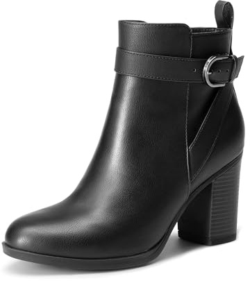 DREAM PAIRS Botines de Tacón Alto Grueso para Mujer, Punta Redonda, Botines Cortos de Otoño,Size 38,Negro-Pu,SDAB2431W