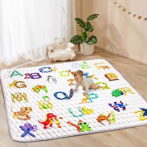 Funsland Tapis de Jeux Bebe, Antidérapant Tapis Rampant Bébé 200x180 cm, Résistant à l'eau Tapis de Motricité Bébé Pliable, Coton Lettre Animaux Tapis Eveil Enfants Epais, Applicable à Clôture