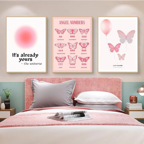 Viusneun 3 Stück Bunte Farbverlauf Aura Angel Zahlen Poster-Set, Aesthetic Rosa Schmetterling Leinwand Wandkunst Wanddeko für Schlafzimmer Büro Wohnzimmer, ohne Rahmen (50x70cm)