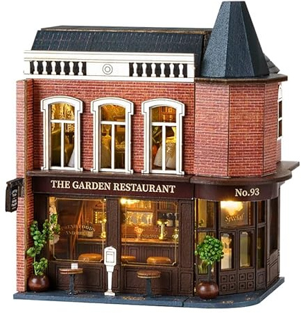 CRIOLPO Puppenhaus-Tinyatur-Bausatz, DIY Puppenhaus Set, Kreatives Holzhandwerk FüR Erwachsene, Tiny Handgefertigtes Puppenhaus Mit MöBeln, Tinyatur-HausbausäTze - Corner Western Restaurant