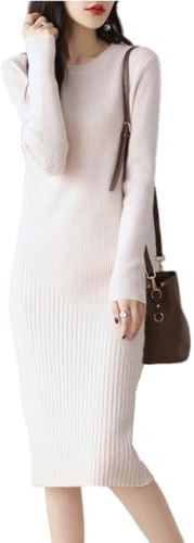 Ailaile Vestido de lana merina, cuello redondo, manga larga, cuello redondo, ajustado, para otoño e invierno, Camello de leche, M