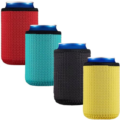 4 PCS Can Cooler Beer Cooler Sleeve Insulators Holder, Non-Slip Insulated Beer Can Sleeve Machine Washable for Party Events Holiday Decorations Supplies, Black Red Yellow Blue, Portable and Durable