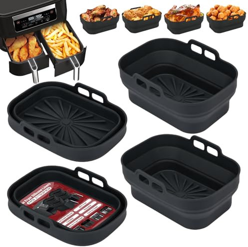 Alyvisun 4 Stück Airfryer Silikon Basket Wiederverwendbar Backform Air Fryer Silikonformen Rechteckig Einsatz Heissluftfritteuse Zubehör Mold, Silicone, Schwarz
