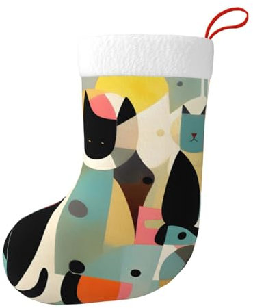 WHJYYXDE Dekorativer Weihnachtsstrumpf – perfekt für die Dekoration von Büros, Bäumen, Kaminen, moderne Kunst der Mitte des Jahrhunderts mit Katze bedruckt
