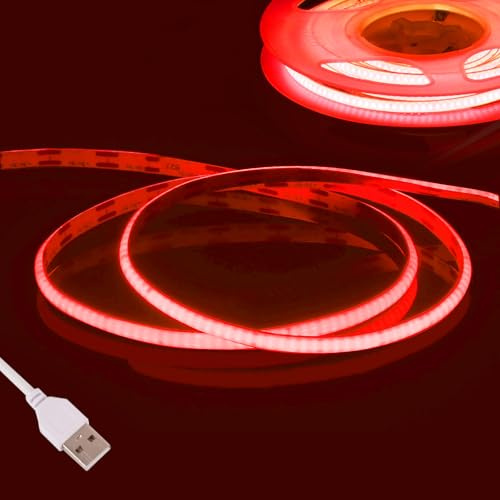 Fosingut Rot COB LED Streifen 3m, 5V USB LED Strip 2.7mm,CRI 90+ 480 LEDs/m Lichtleiste Lichterkette LED Band Selbstklebend Stripes für Küche,TV LED Hintergrundbeleuchtung,Spiegel,PC,Schlafzimmer